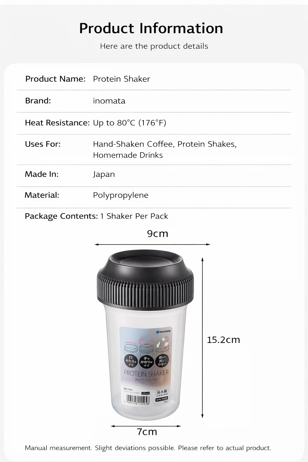 Inomata Protein Shaker Bottle – Made in Japan, Leak-Resistant Lid, 3 Colours