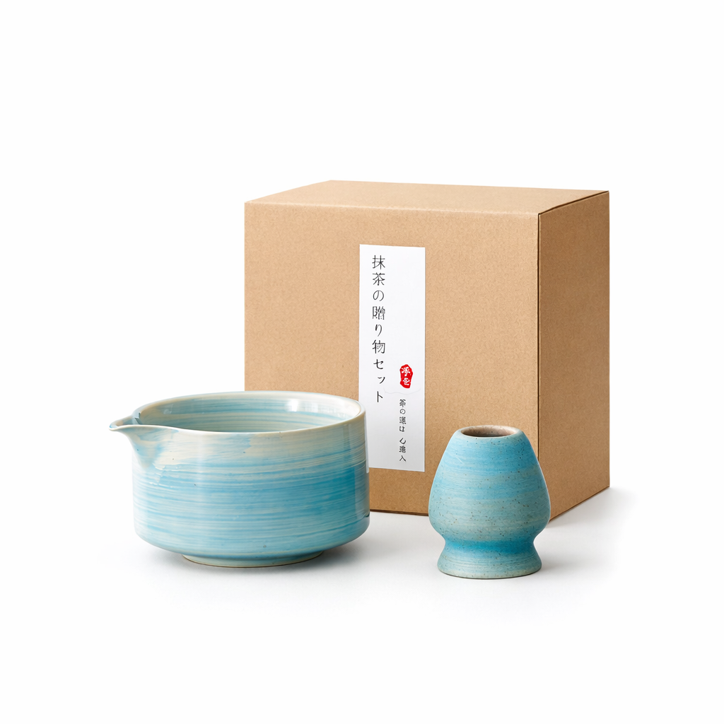 Deep Sky Blue Ceramic Matcha Bowl & Chasen Holder Set