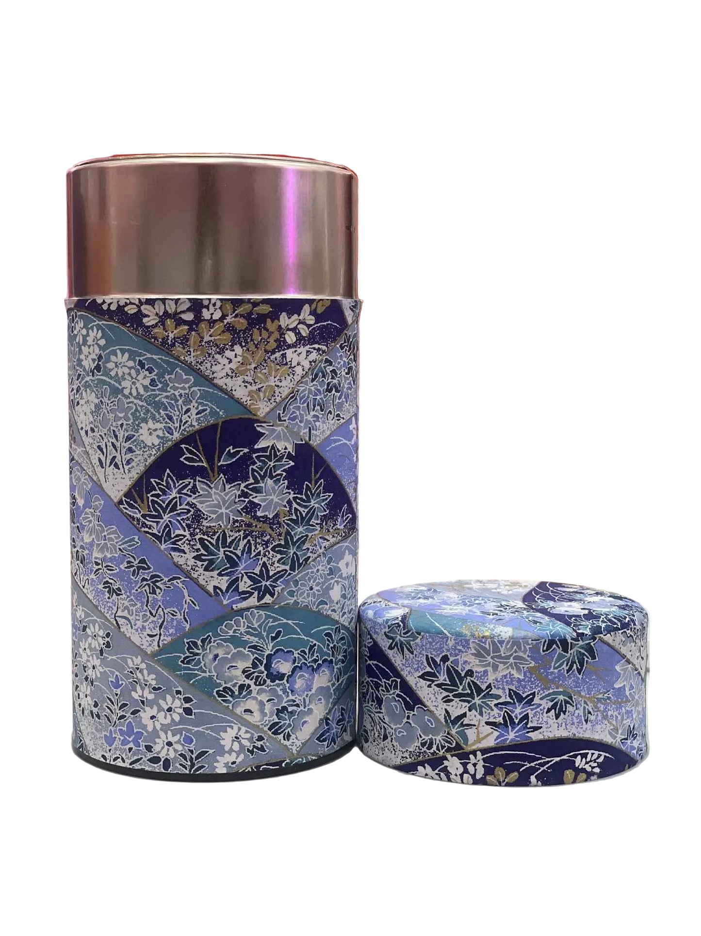 KOTODO Sky Blue Fans& Flowers Pattern Washi Tea Canister 200g
