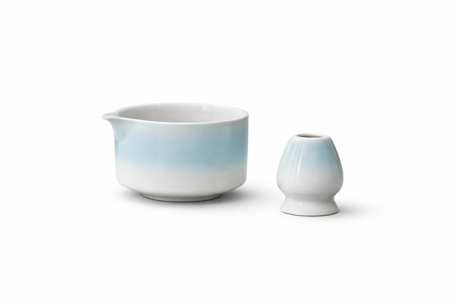 Gradient Light Sky Blue Ceramic Matcha Bowl & Chasen Holder Set
