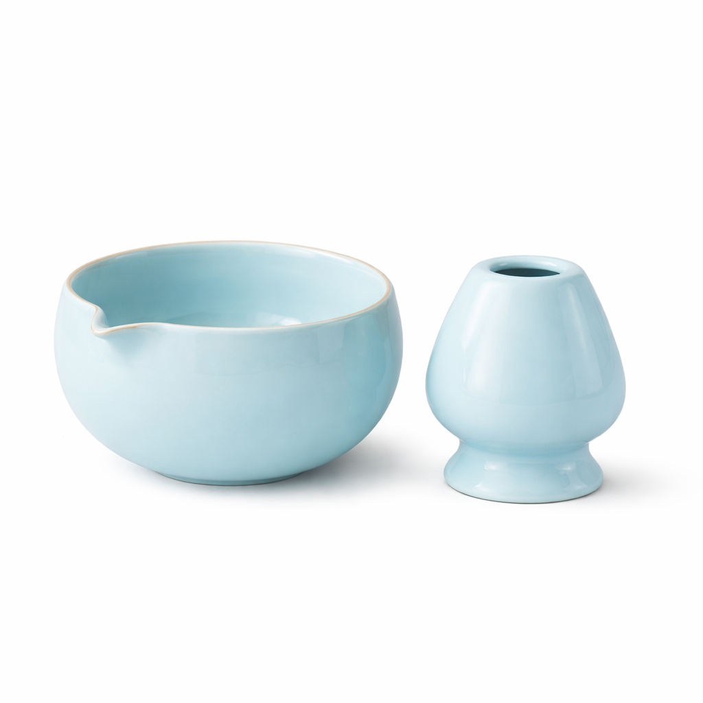 Light Sky Blue Ceramic Matcha Bowl & Chasen Holder Set