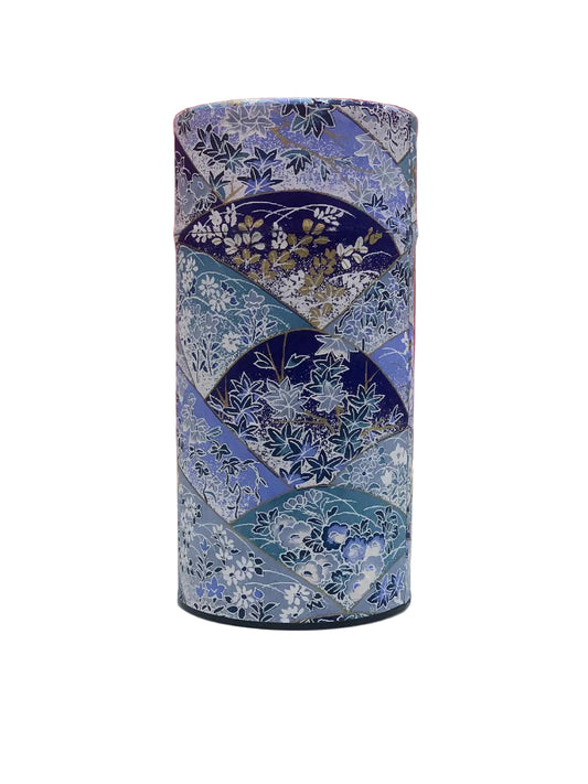 KOTODO Sky Blue Fans& Flowers Pattern Washi Tea Canister 200g