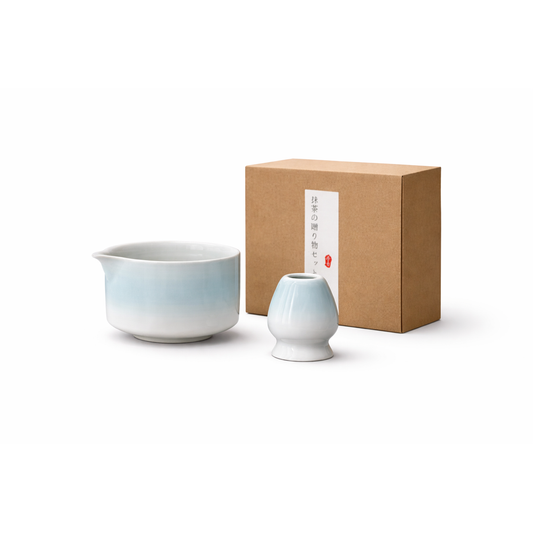Gradient Light Sky Blue Ceramic Matcha Bowl & Chasen Holder Set