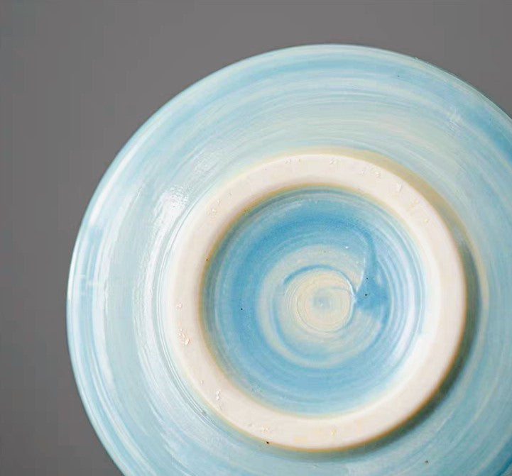 Deep Sky Blue Ceramic Matcha Bowl & Chasen Holder Set