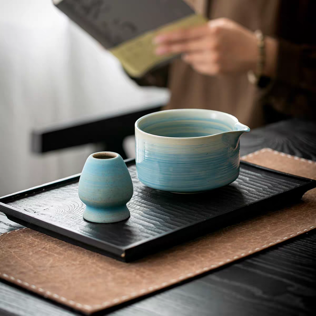 Deep Sky Blue Ceramic Matcha Bowl & Chasen Holder Set